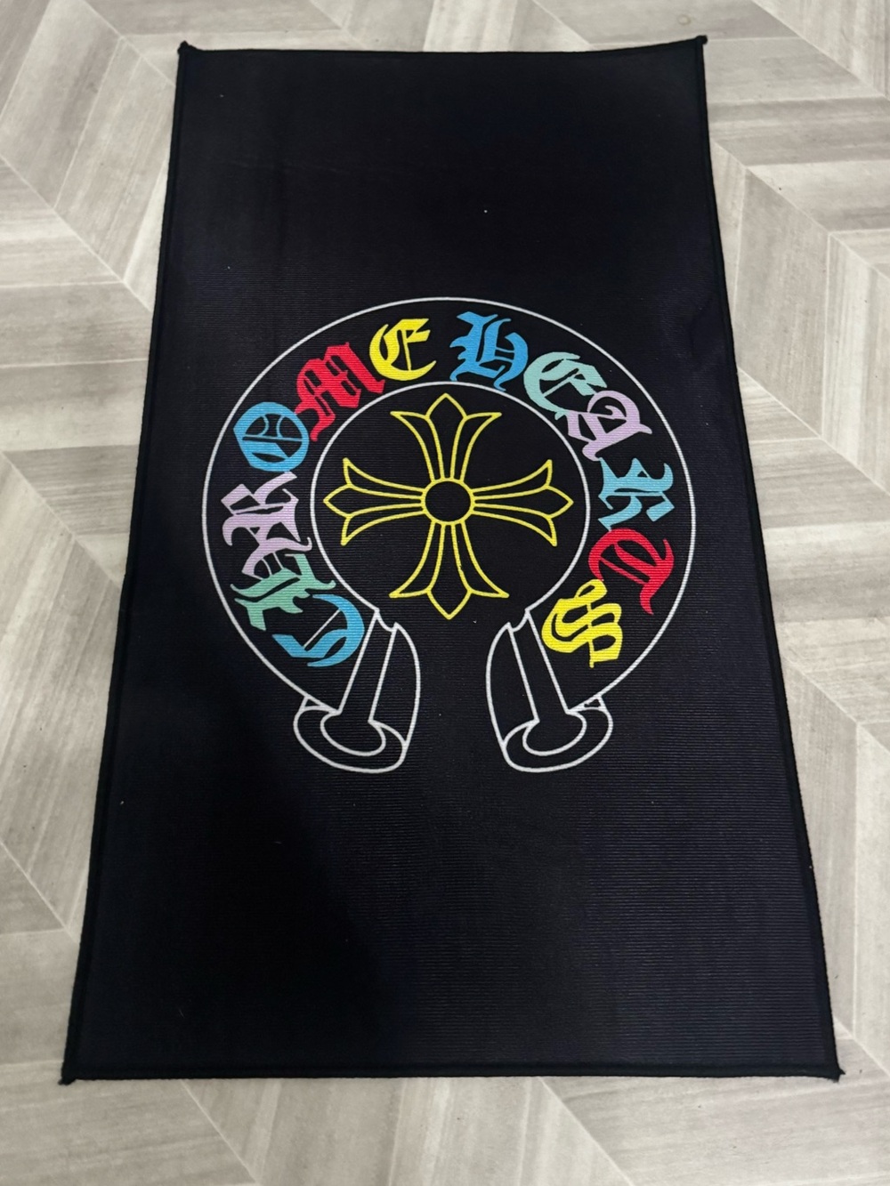 Black Graphic Rug with Multicolor Chrome Hearts-Inspired Motif 30x17.5